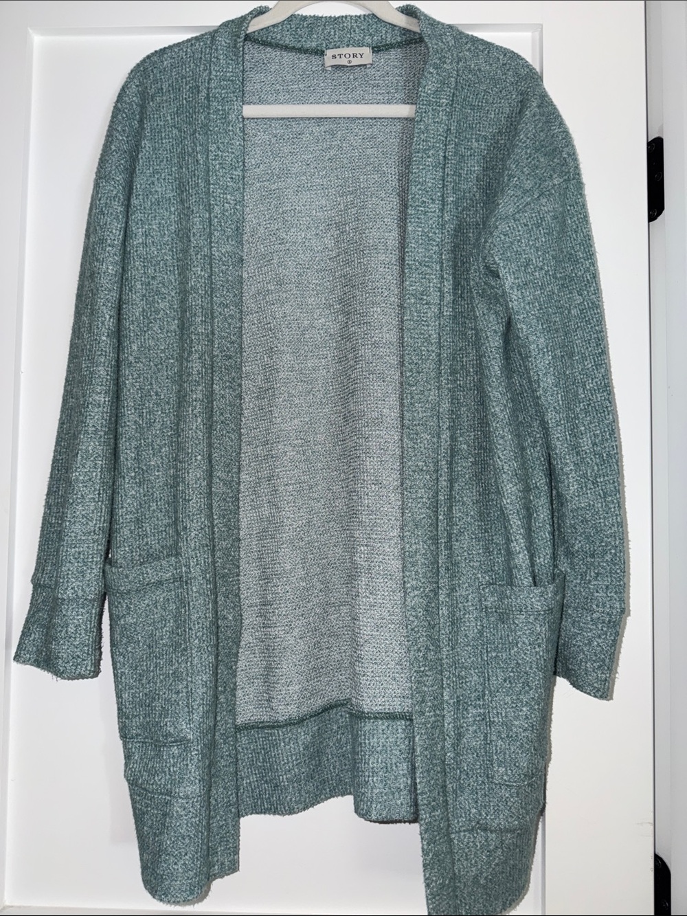 STORY Open-Front Knit Cardigan in Seafoam Green